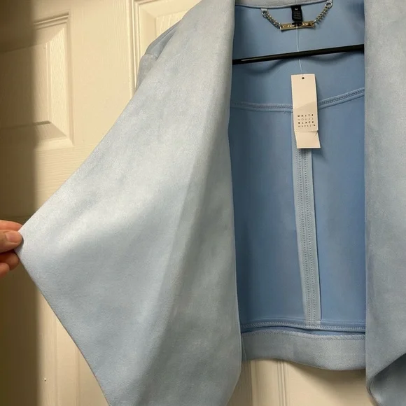 NWT White House Black Market Faux Suede Drape Front Jacket Baby Blue Size M